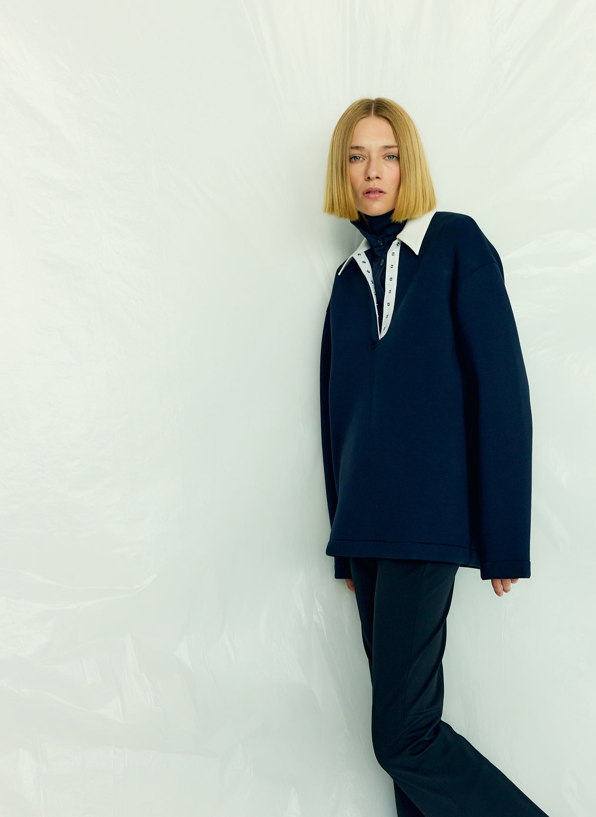 Bonded Viscose Sculpted Polo Dark Navy - Tibi